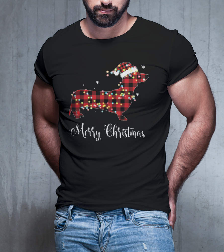 Merry Christmas Red Plaid Buffalo Dachshund With Santa Hat And Lights T-Shirt