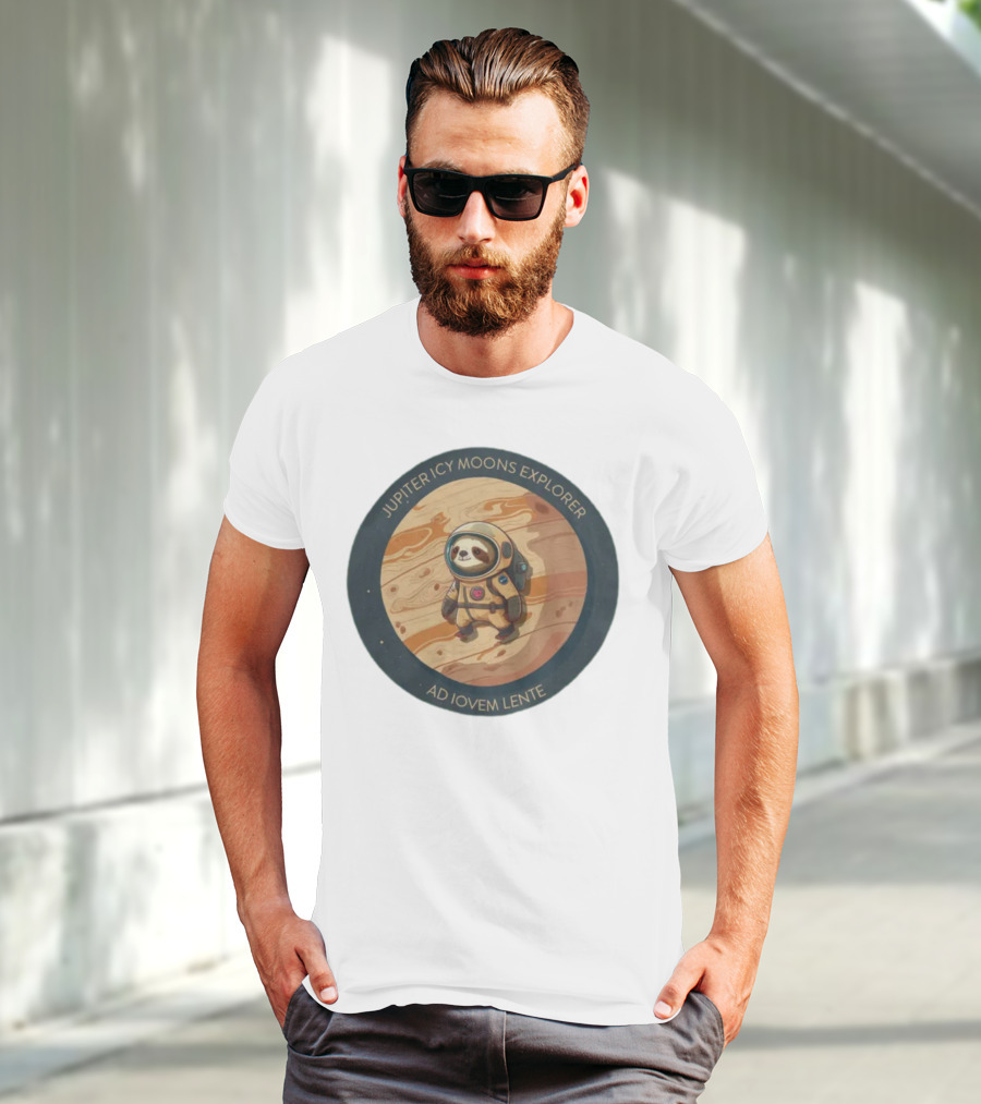 Jupiter Icy Moons Explorer Ad Iovem Lente Space Sloth In Astronaut Suit T-Shirt