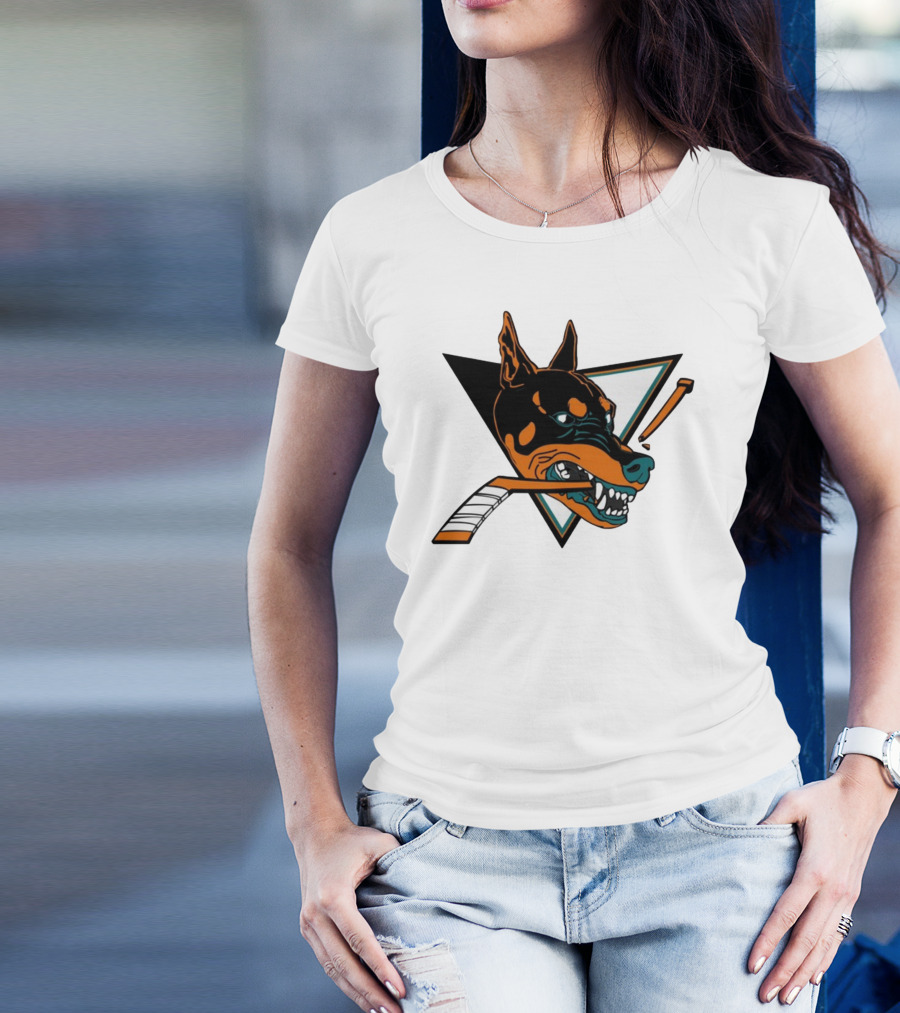 Kayzo San Jose Dogs Hockey Iconic Doberman Logo With Hockey Sticks T-Shirt