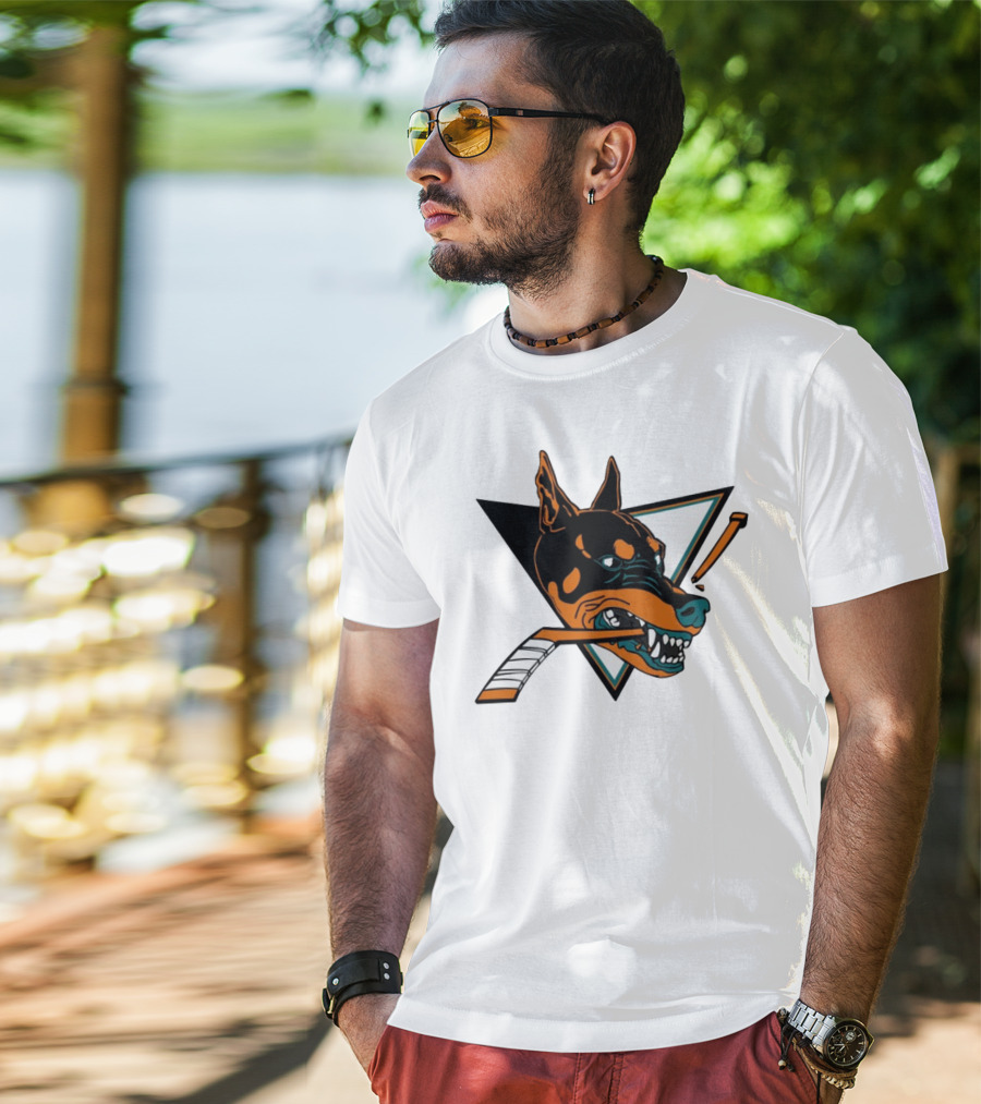Kayzo San Jose Dogs Hockey Iconic Doberman Logo With Hockey Sticks T-Shirt