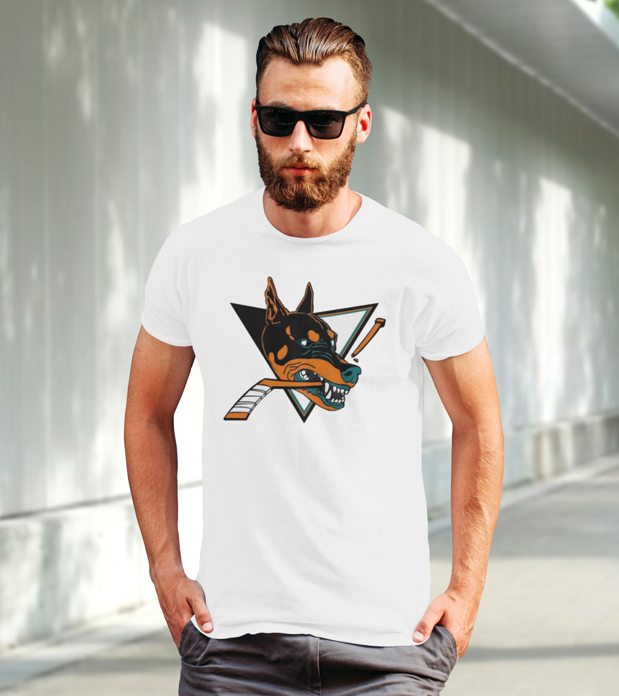 Kayzo San Jose Dogs Hockey Iconic Doberman Logo With Hockey Sticks T-Shirt