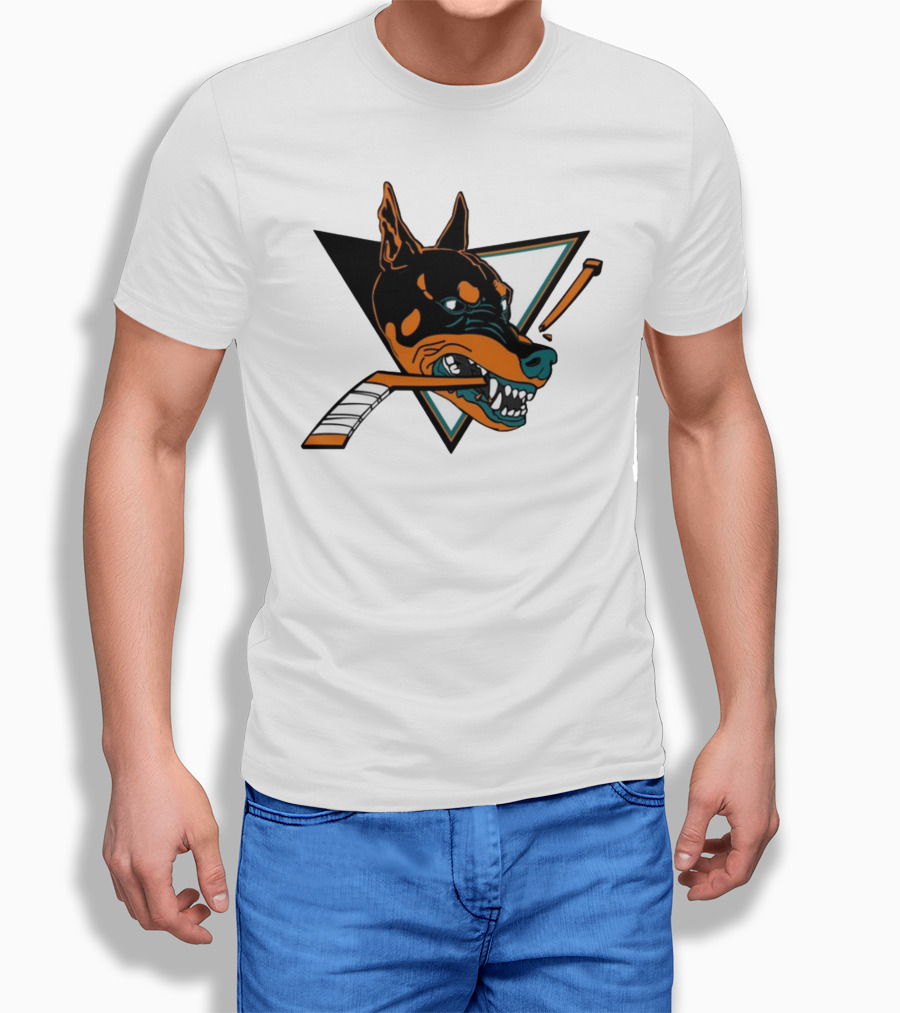 Kayzo San Jose Dogs Hockey Iconic Doberman Logo With Hockey Sticks T-Shirt