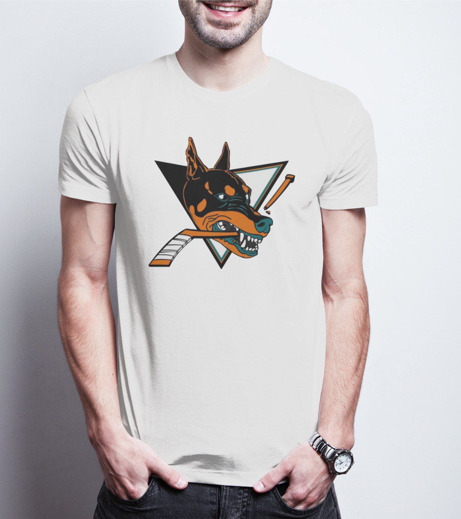 Kayzo San Jose Dogs Hockey Iconic Doberman Logo With Hockey Sticks T-Shirt