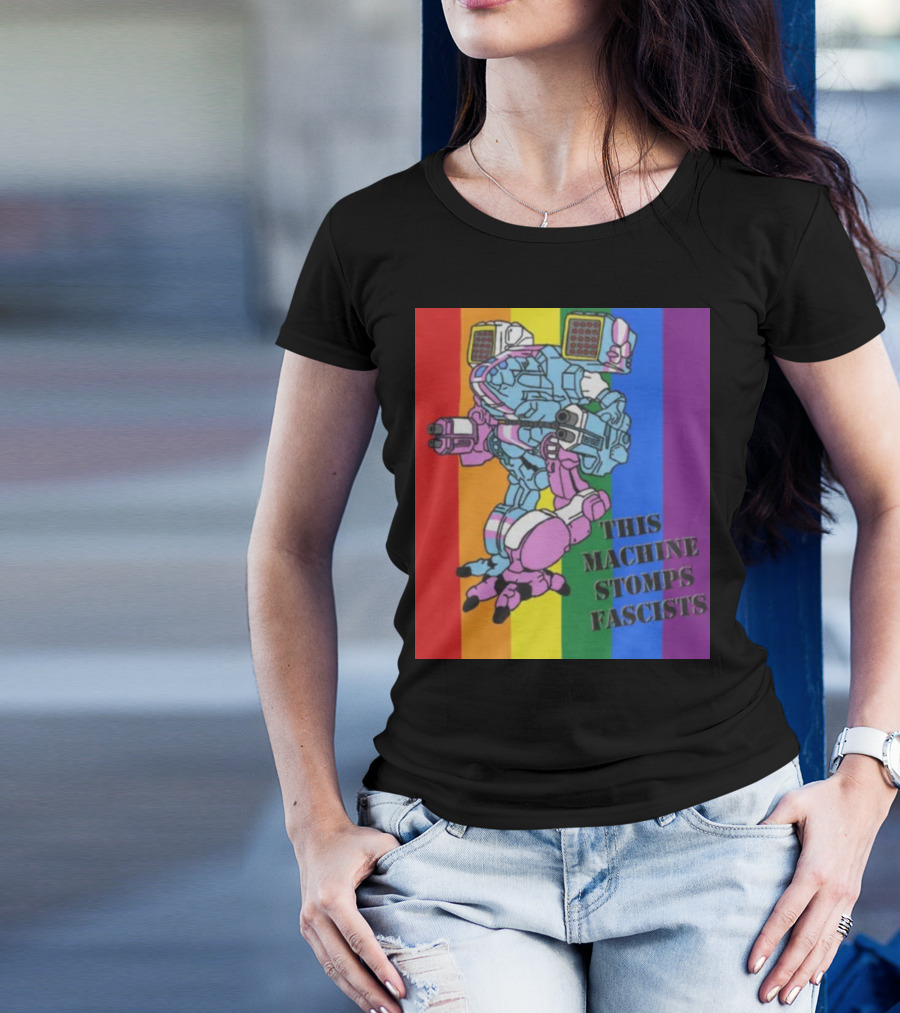 This Machine Stomps Fascists Mech Rainbow Stripes T-Shirt