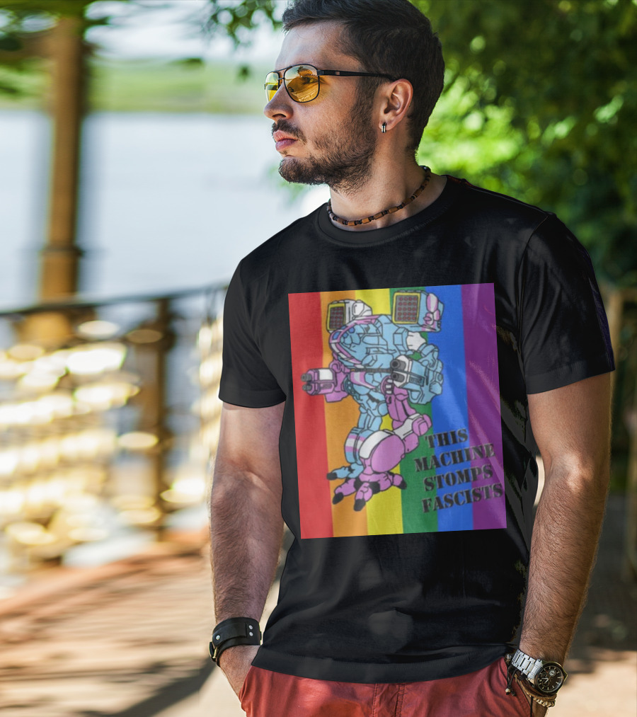 This Machine Stomps Fascists Mech Rainbow Stripes T-Shirt