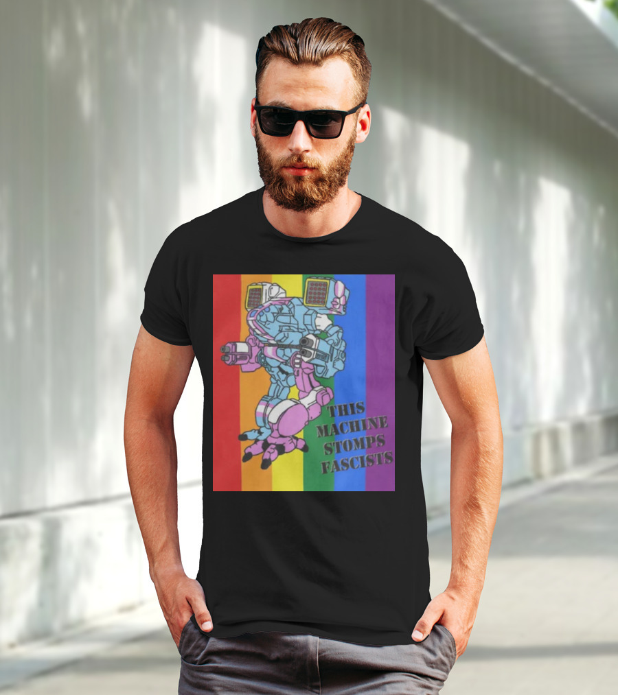 This Machine Stomps Fascists Mech Rainbow Stripes T-Shirt