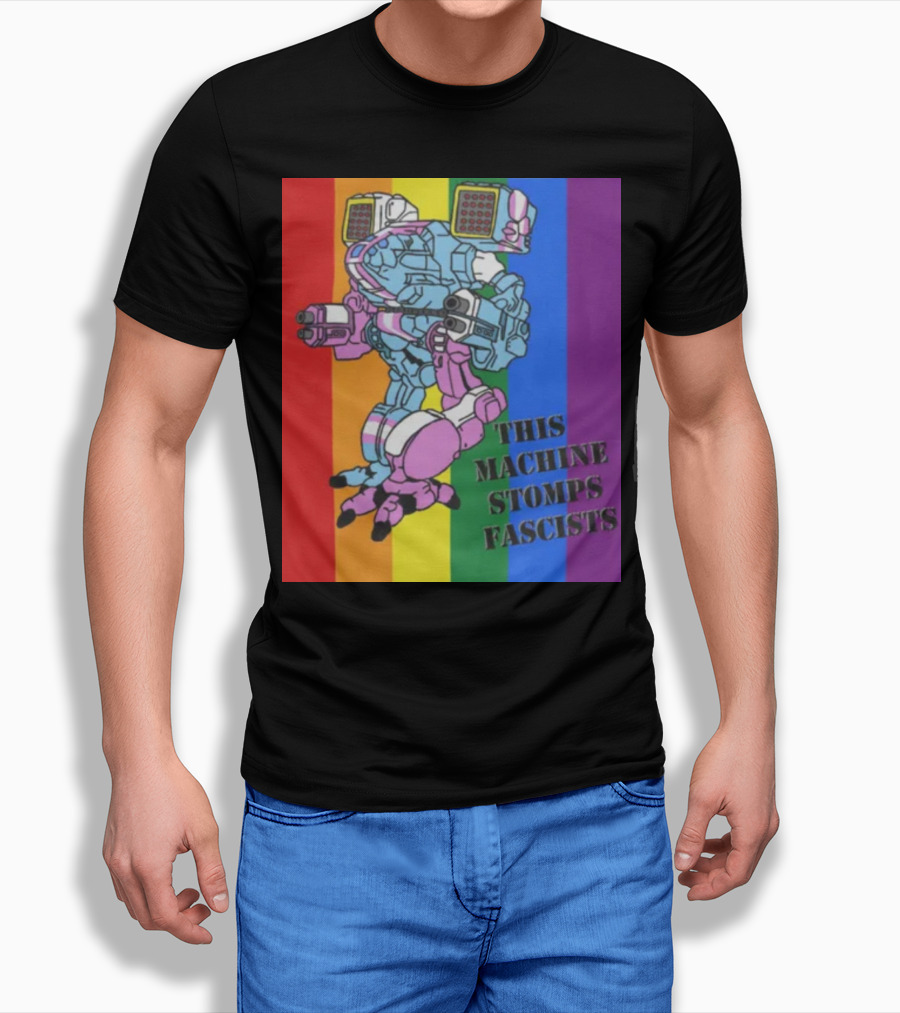 This Machine Stomps Fascists Mech Rainbow Stripes T-Shirt