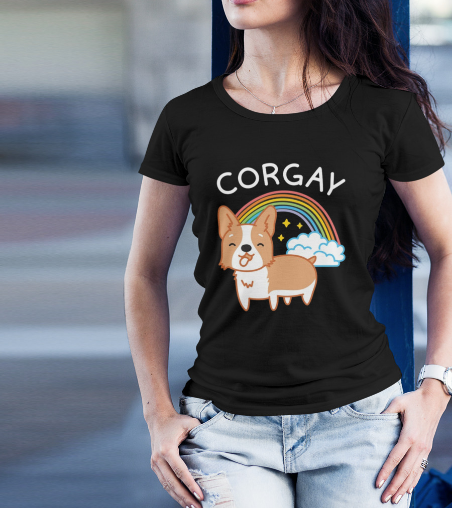 Corgay Rainbow Clouds And Stars With Corgi T-Shirt