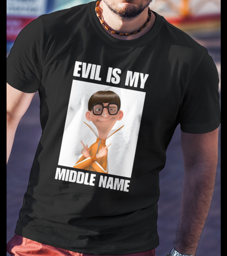 Evil Is My Middle Name Animated Character With Orange Outfit And Glasses T-Shirt