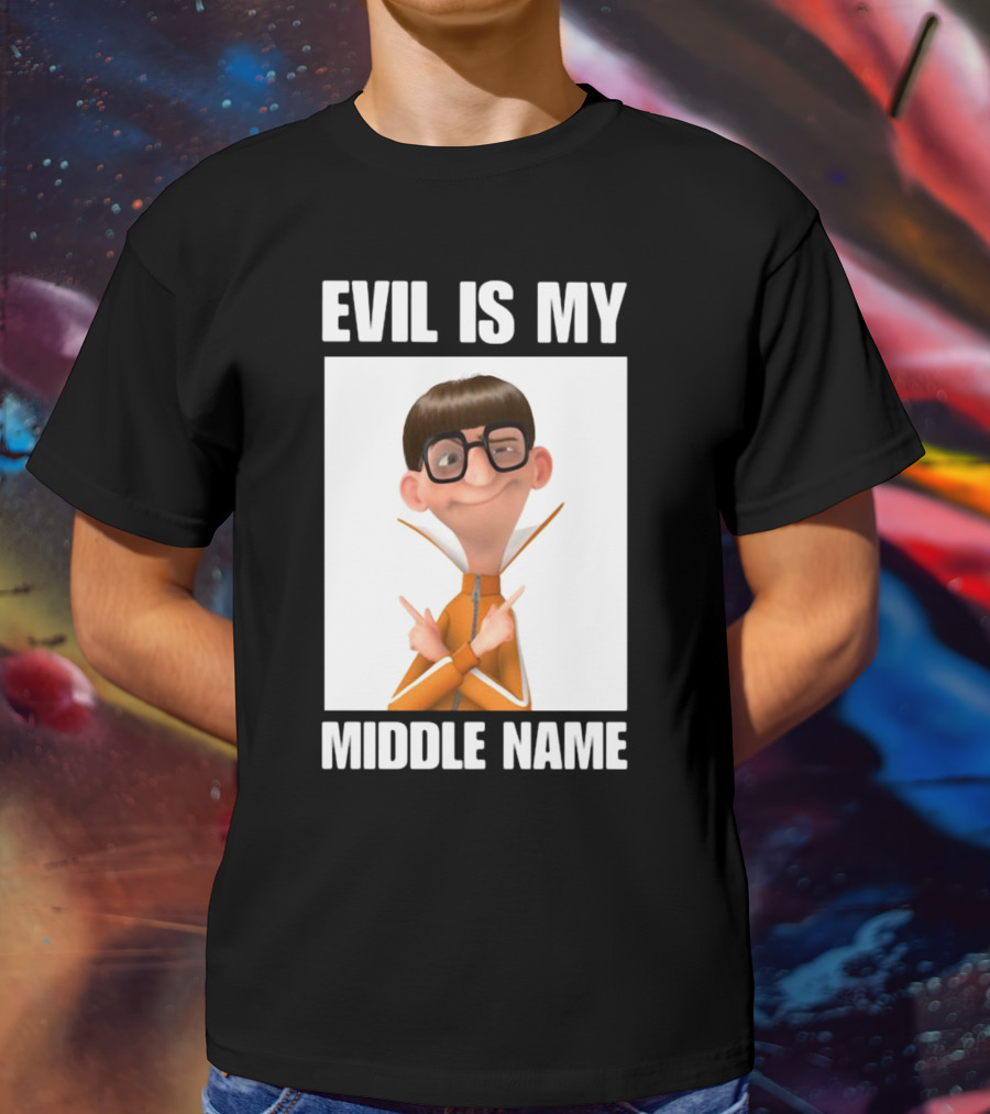Evil Is My Middle Name Animated Character With Orange Outfit And Glasses T-Shirt