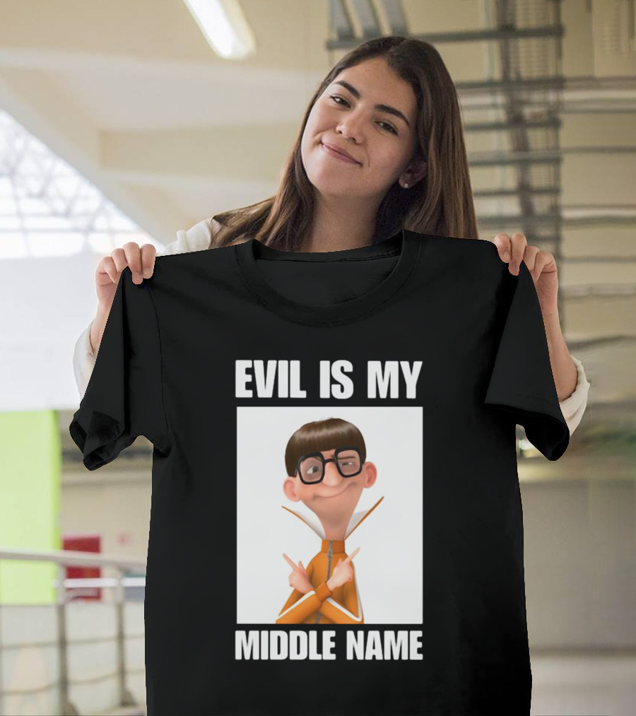 Evil Is My Middle Name Animated Character With Orange Outfit And Glasses T-Shirt