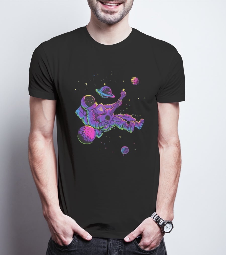 Mile Higher Far Out Astronaut Playing Guitar In Space Among Planets T-Shirt