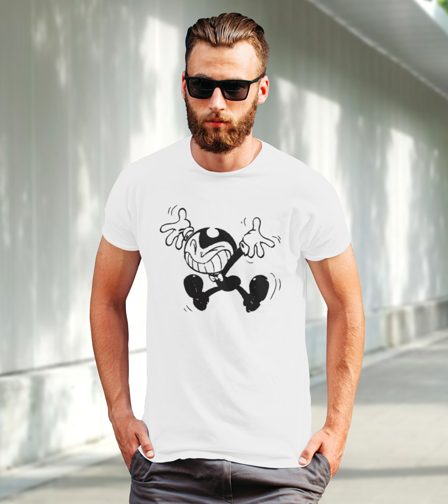 Bendy Jumping Smiling Animated Character Ringer T-Shirt