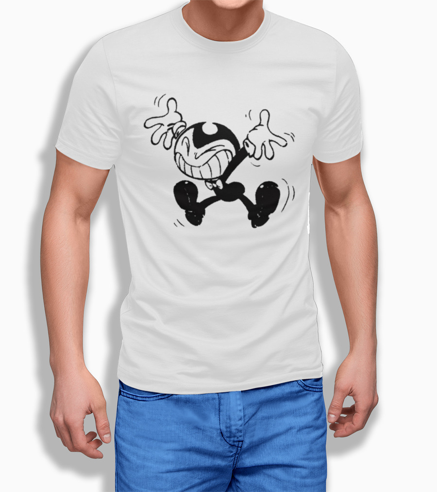Bendy Jumping Smiling Animated Character Ringer T-Shirt