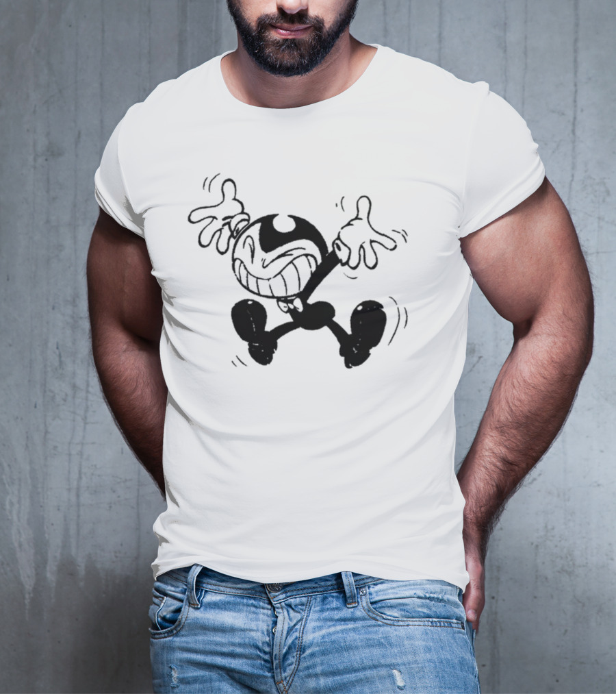 Bendy Jumping Smiling Animated Character Ringer T-Shirt