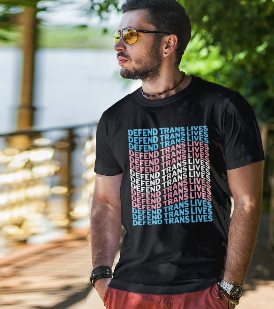 DEFEEND TRANS LIVES Text Design In Repeated Pattern With Blue Pink And White Colors T-Shirt