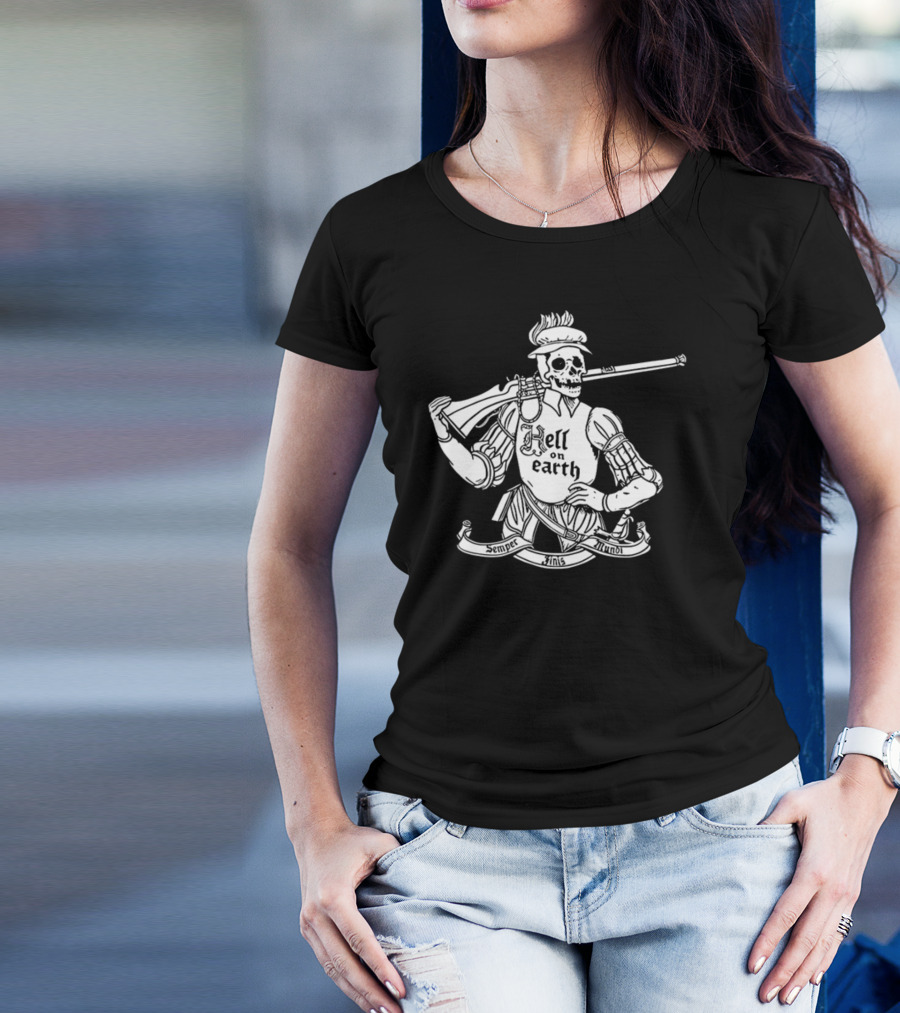 Hell On Earth Semper Finis Mundoi Skeleton Holding Rifle T-Shirt