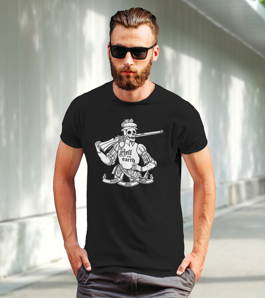 Hell On Earth Semper Finis Mundoi Skeleton Holding Rifle T-Shirt