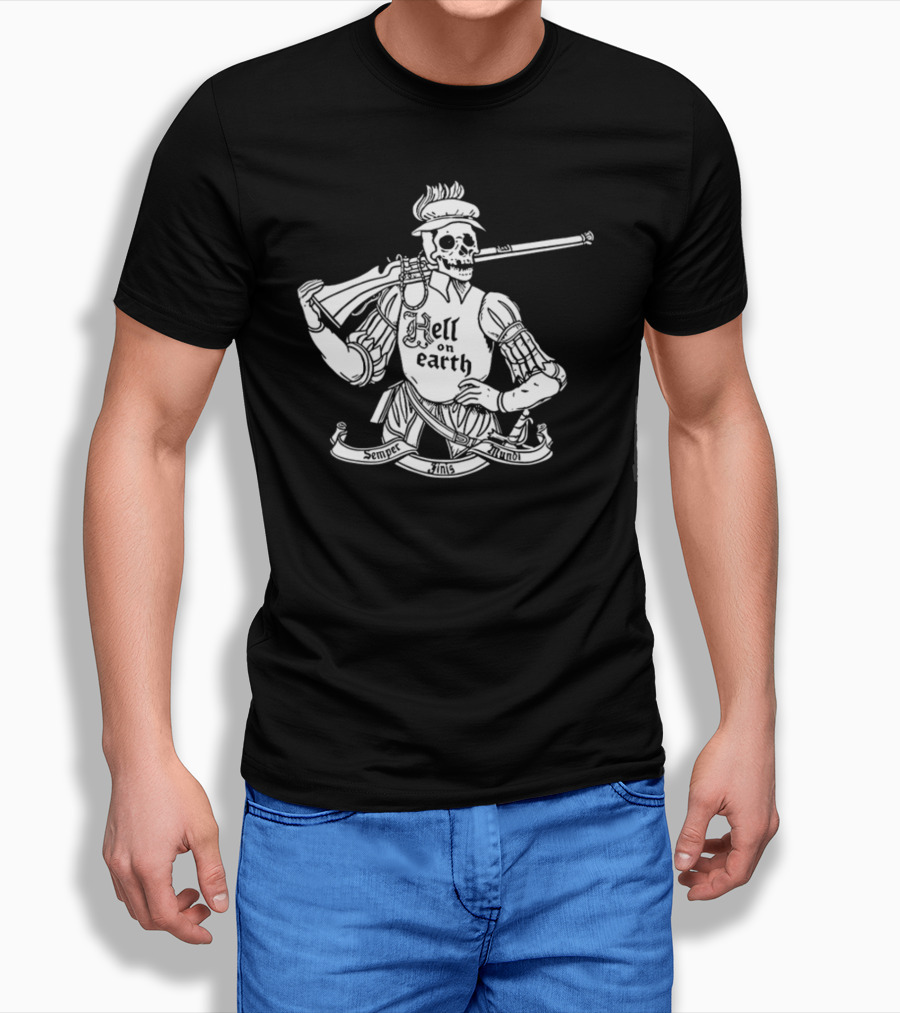 Hell On Earth Semper Finis Mundoi Skeleton Holding Rifle T-Shirt