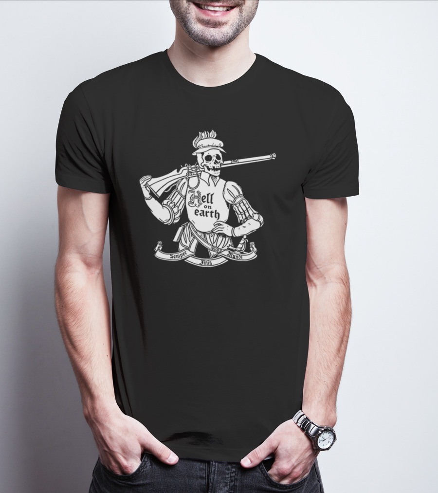 Hell On Earth Semper Finis Mundoi Skeleton Holding Rifle T-Shirt
