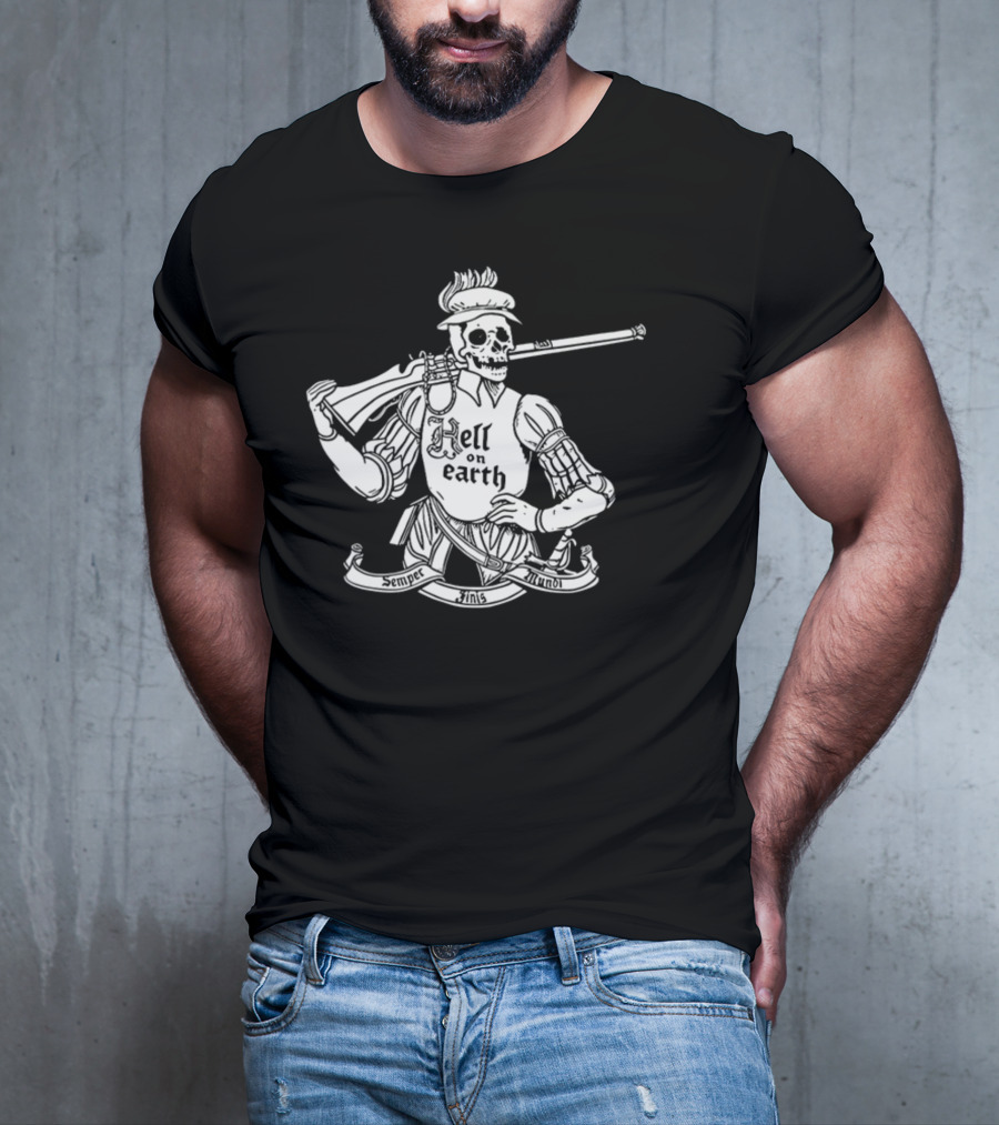 Hell On Earth Semper Finis Mundoi Skeleton Holding Rifle T-Shirt