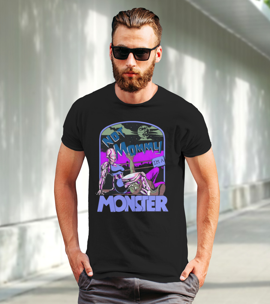 NOT MOMMY I'M A MONSTER Cyborg Woman With Alien Creature Retro Comic Style Full Moon Night Sky T-Shirt