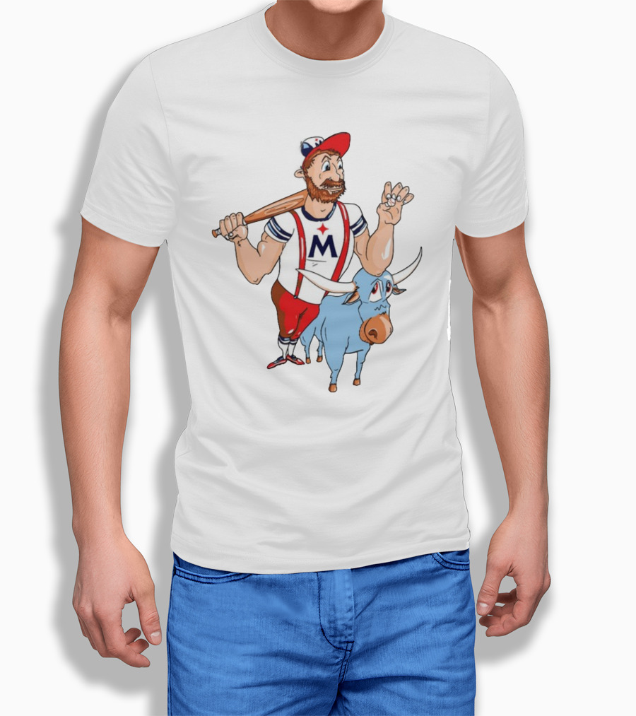 Barret Lee Paul Bunyan Cartoon Baseball Mascot With Blue Ox Babe And M T-Shirt