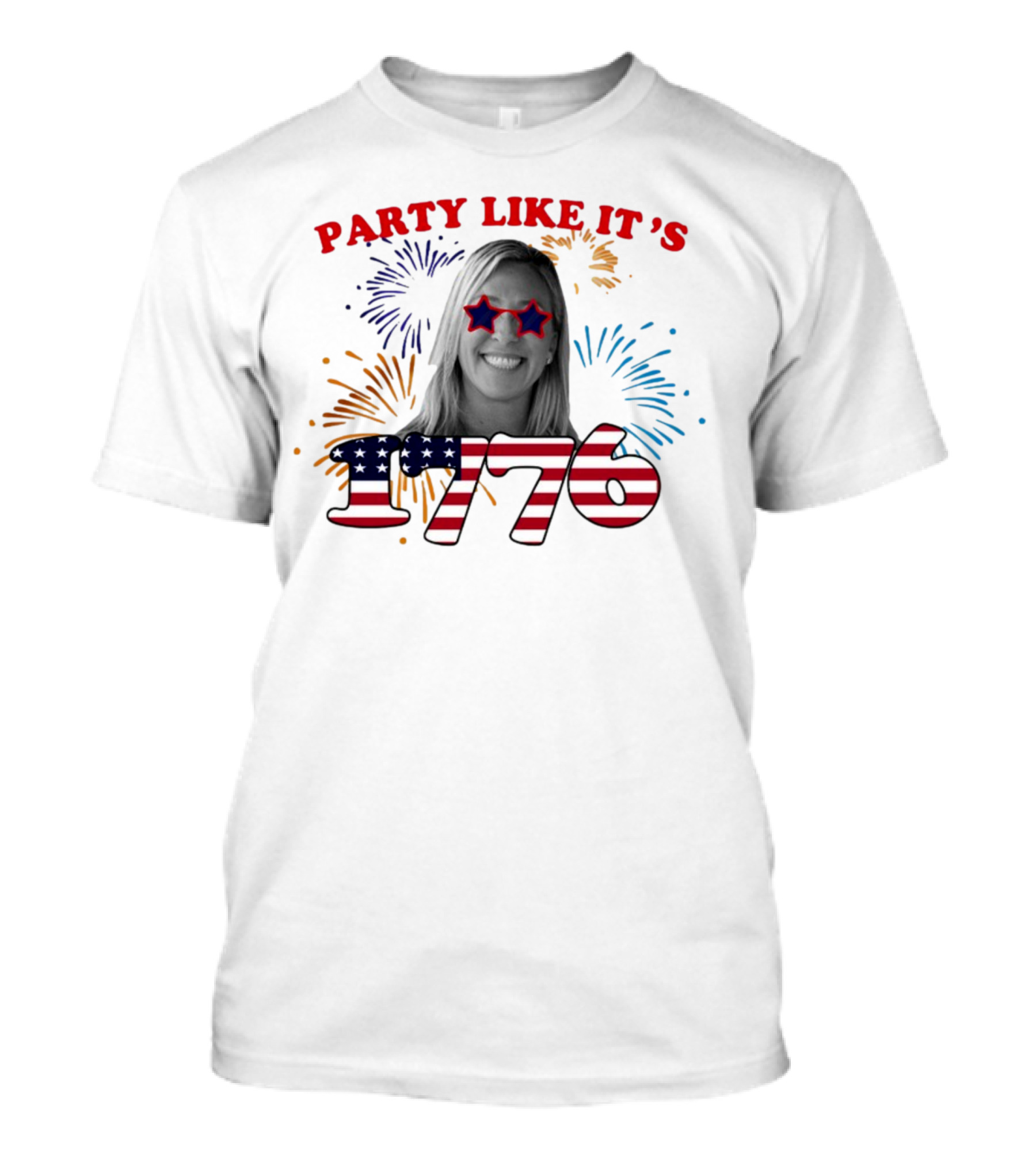 MTG Shop Marjorie Taylor Party Like It's 1776 Fireworks Star Glasses Patriotic T-Shirt