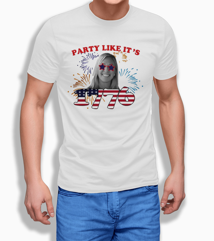 MTG Shop Marjorie Taylor Party Like It's 1776 Fireworks Star Glasses Patriotic T-Shirt