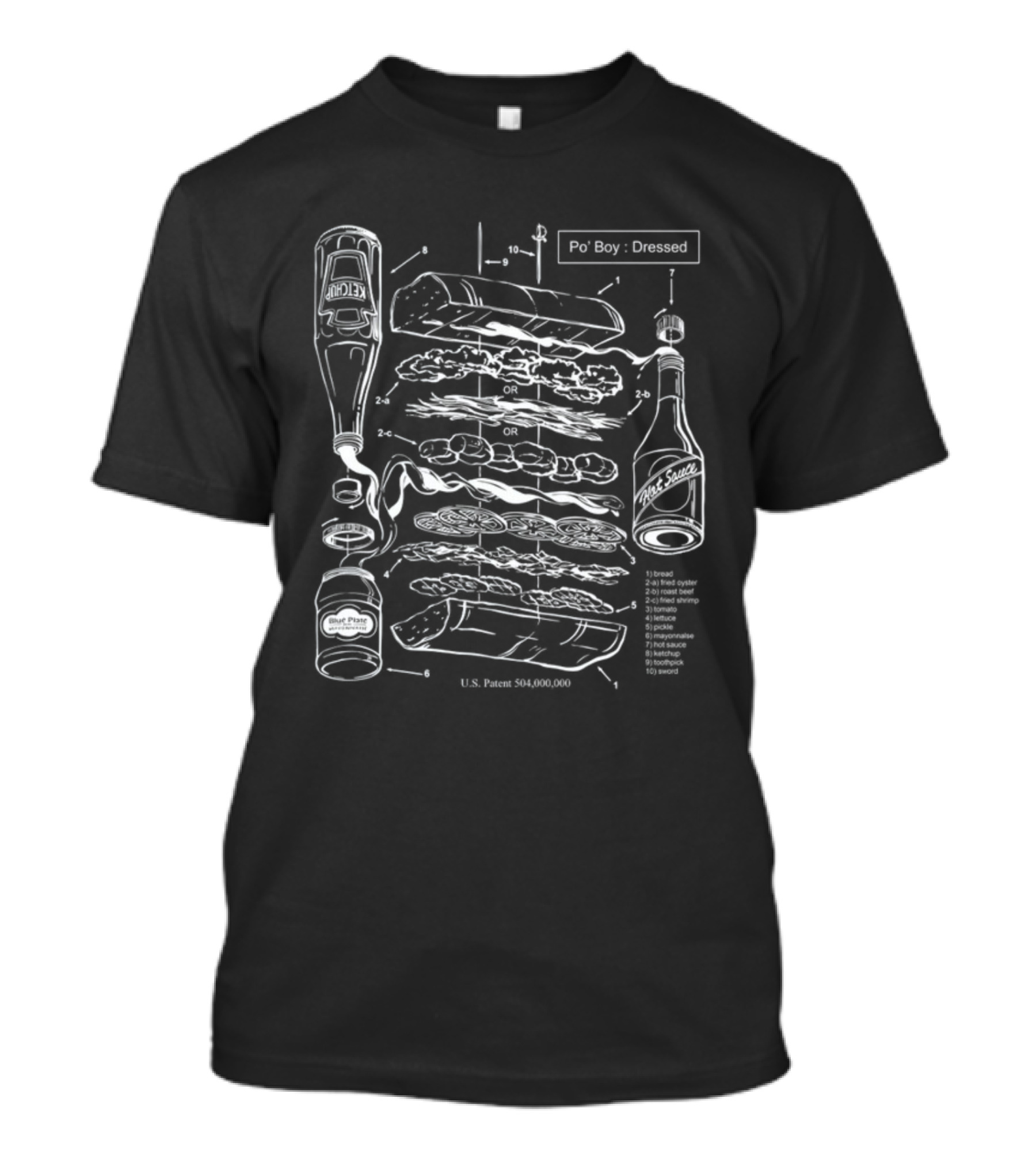 Po-Boy Dressed Blueprint With Hot Sauce And Ingredients Patent Diagram T-Shirt