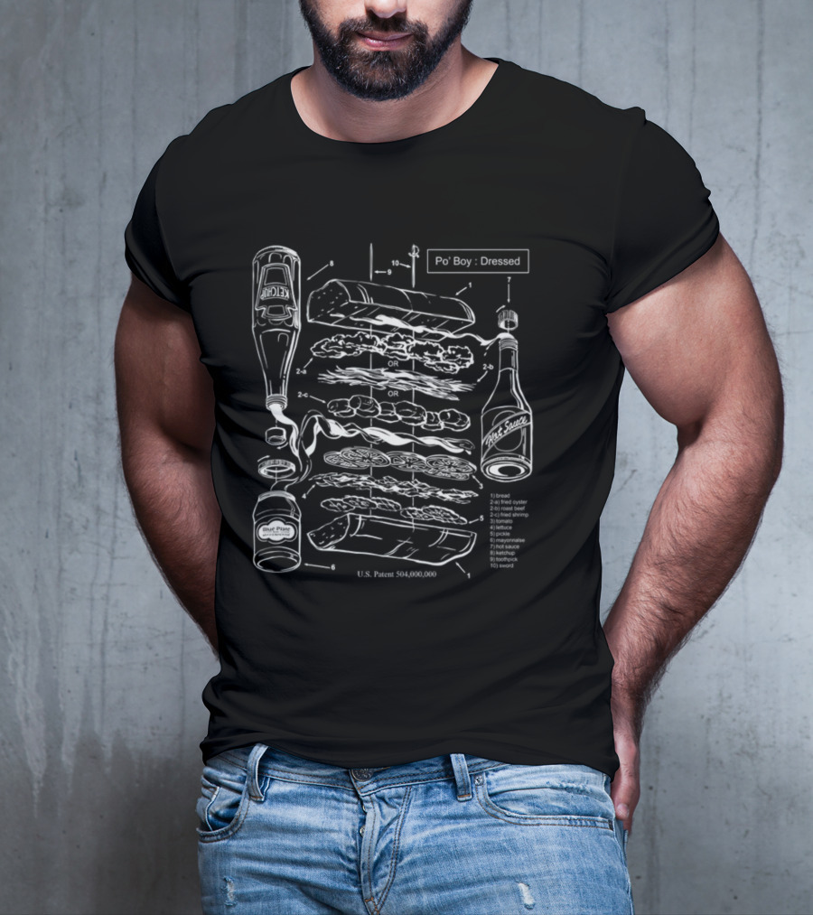 Po-Boy Dressed Blueprint With Hot Sauce And Ingredients Patent Diagram T-Shirt