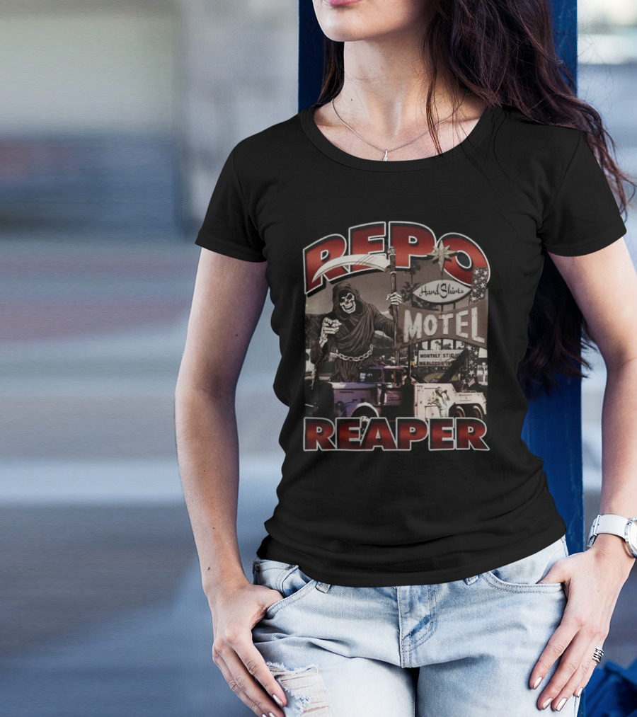 Repo Reaper Grim Skeleton Scythe Hard Slines Motel Scene T-Shirt