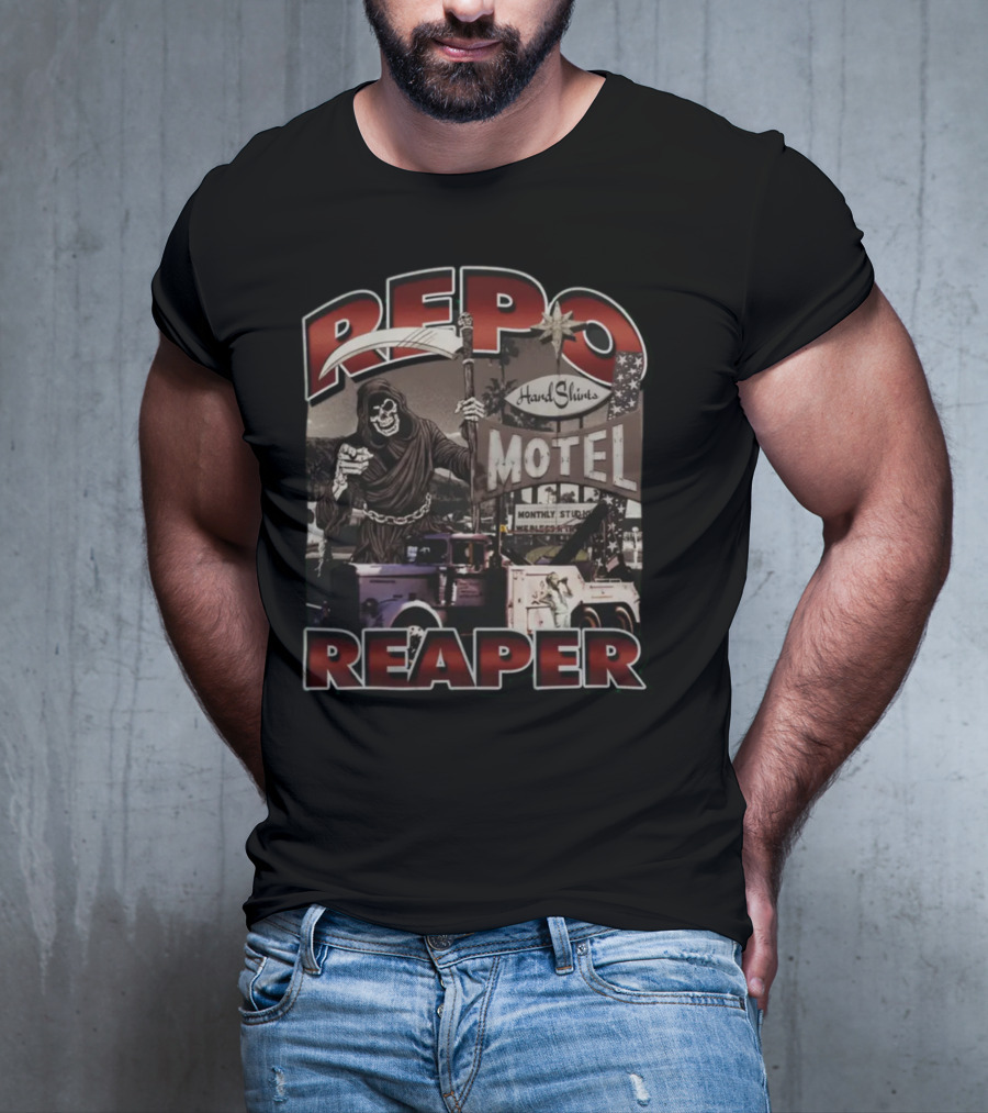 Repo Reaper Grim Skeleton Scythe Hard Slines Motel Scene T-Shirt
