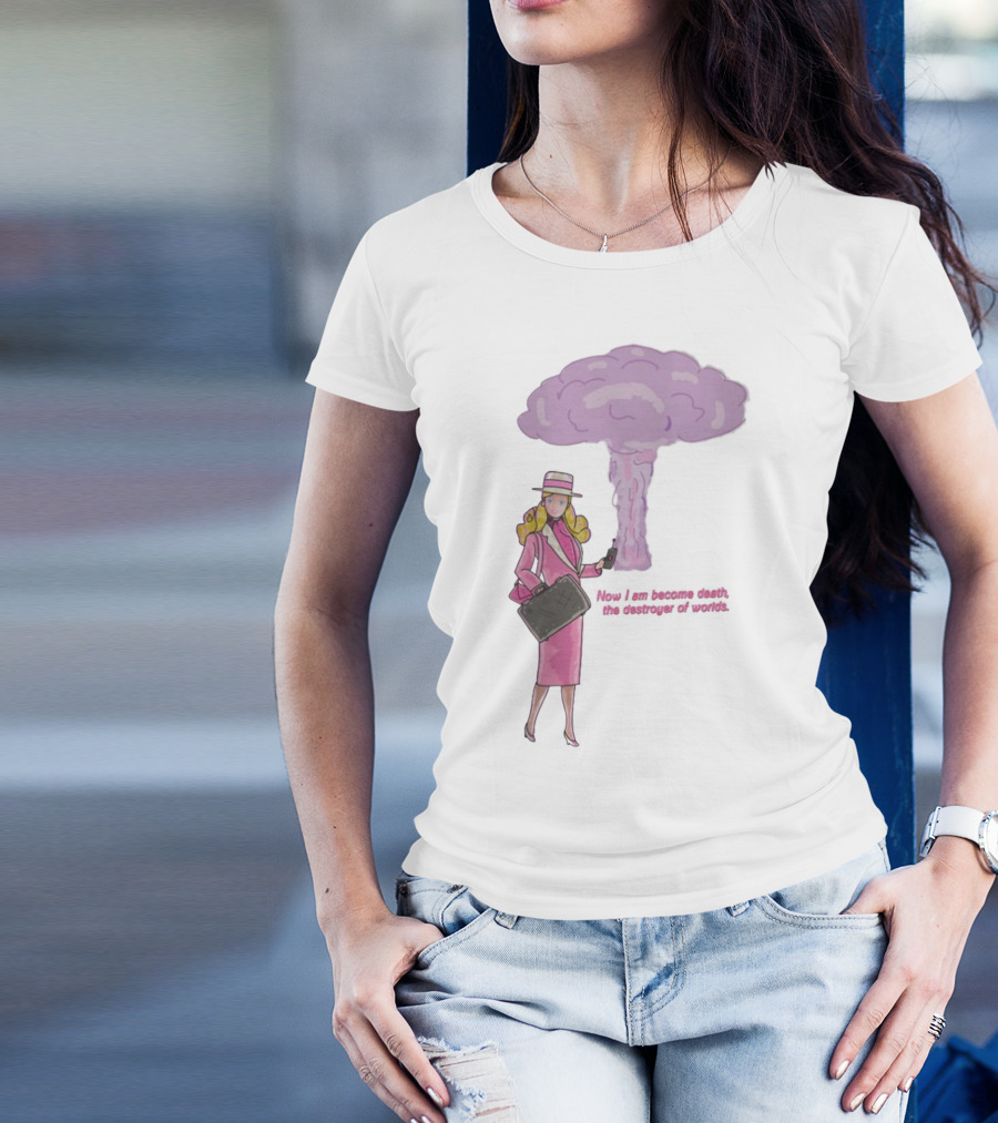 Now I Am Become Death The Destroyer Of Worlds Blonde Woman Pink Outfit Holding Bag Phone With Purple Mushroom Cloud T-Shirt