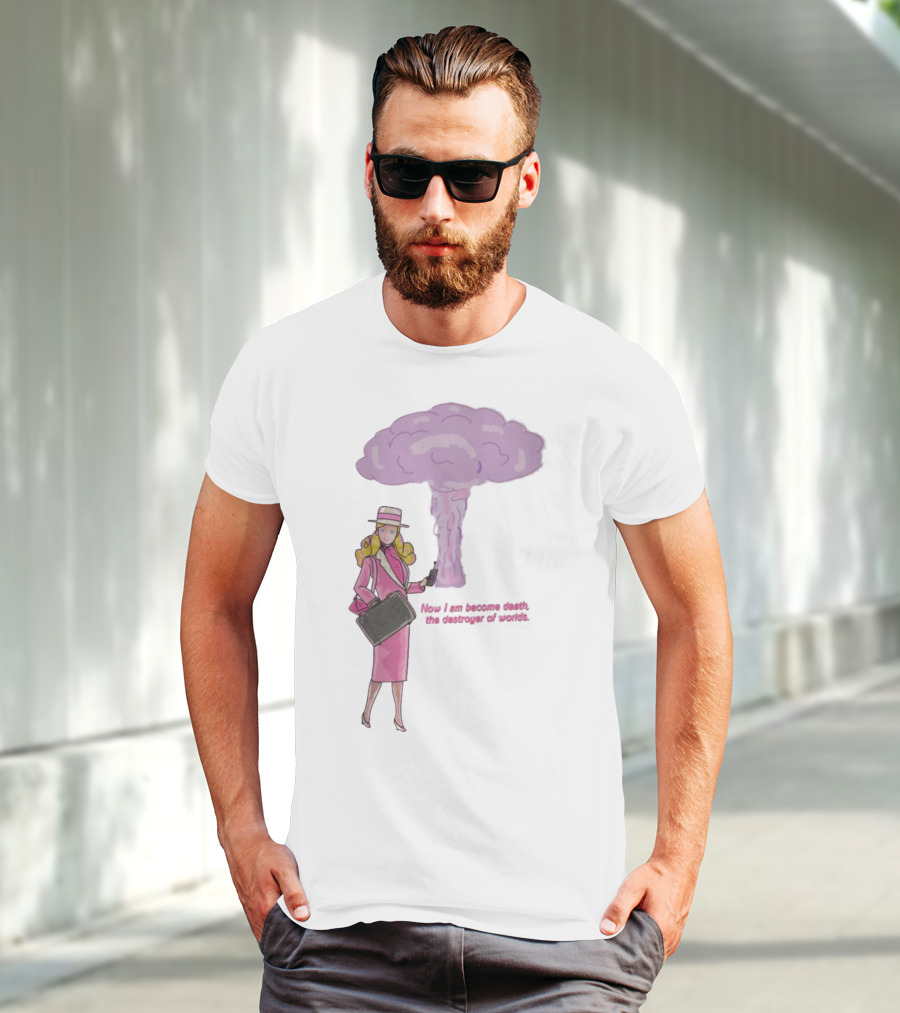 Now I Am Become Death The Destroyer Of Worlds Blonde Woman Pink Outfit Holding Bag Phone With Purple Mushroom Cloud T-Shirt