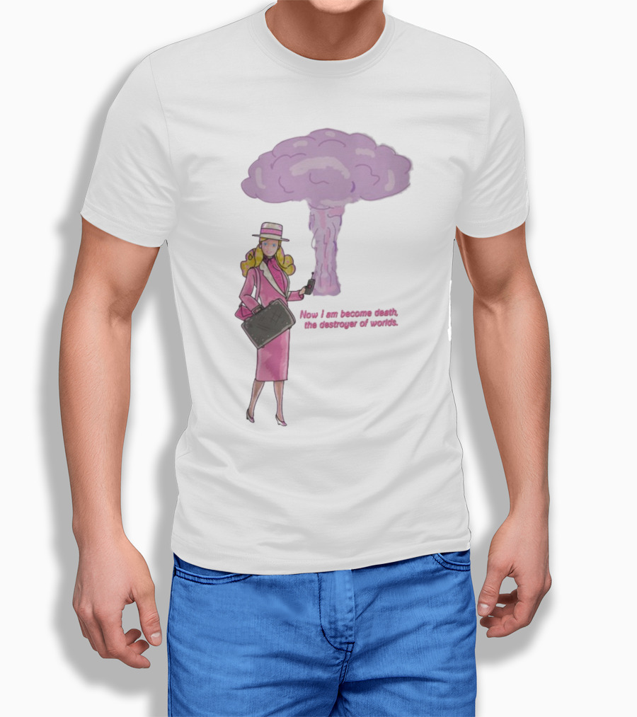 Now I Am Become Death The Destroyer Of Worlds Blonde Woman Pink Outfit Holding Bag Phone With Purple Mushroom Cloud T-Shirt