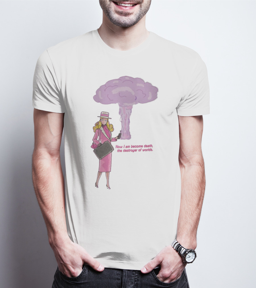Now I Am Become Death The Destroyer Of Worlds Blonde Woman Pink Outfit Holding Bag Phone With Purple Mushroom Cloud T-Shirt