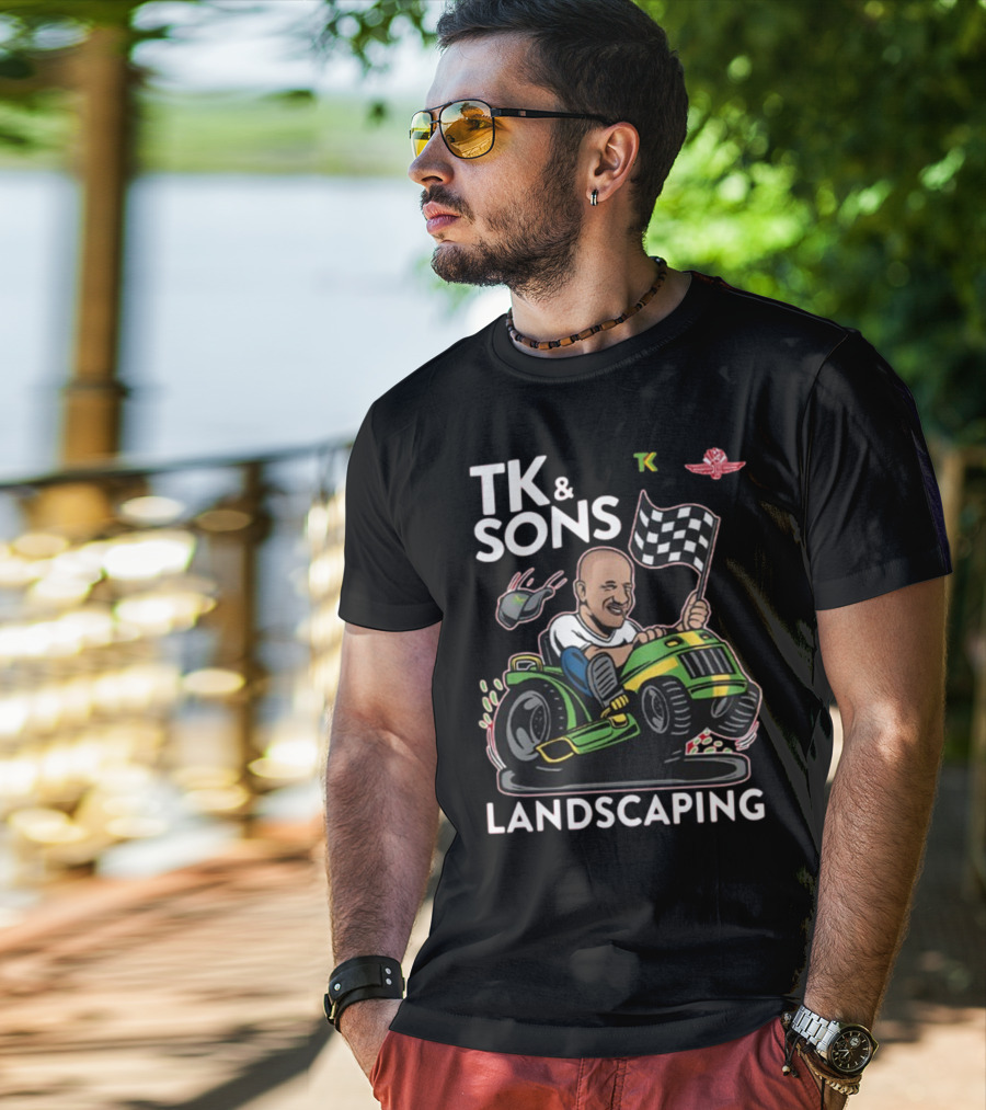 TK And Sons Landscaping Racing Lawn Mower Checkered Flag Victory T-Shirt