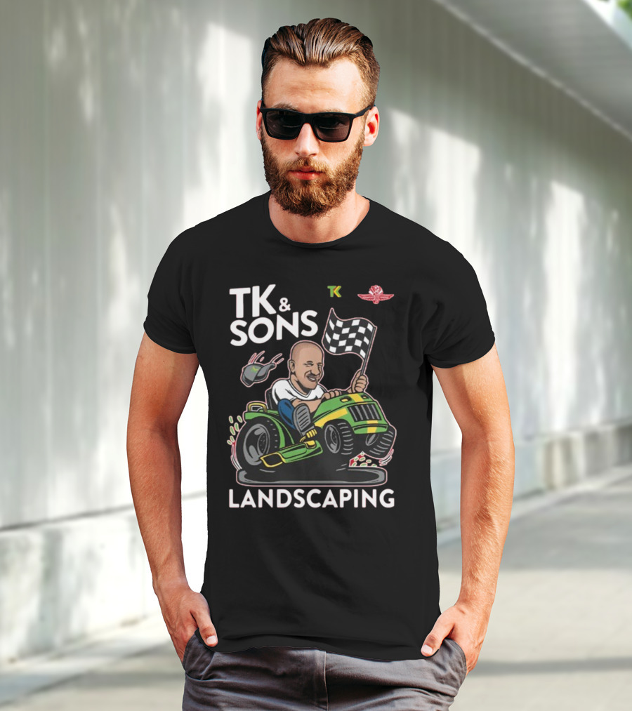 TK And Sons Landscaping Racing Lawn Mower Checkered Flag Victory T-Shirt