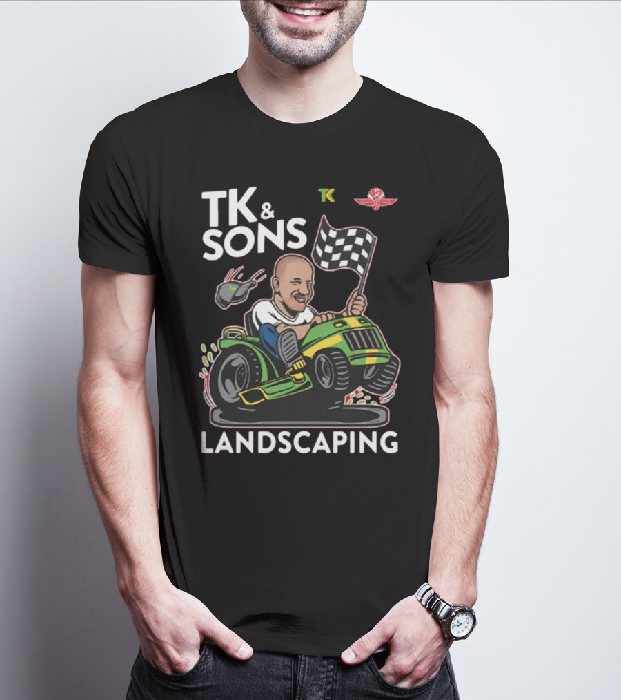 TK And Sons Landscaping Racing Lawn Mower Checkered Flag Victory T-Shirt