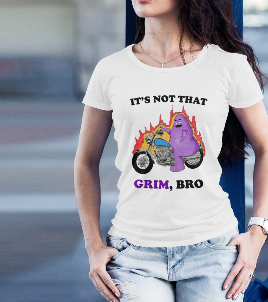 It's Not That Grim Bro Purple Character Riding Motorcycle With Flames T-Shirt