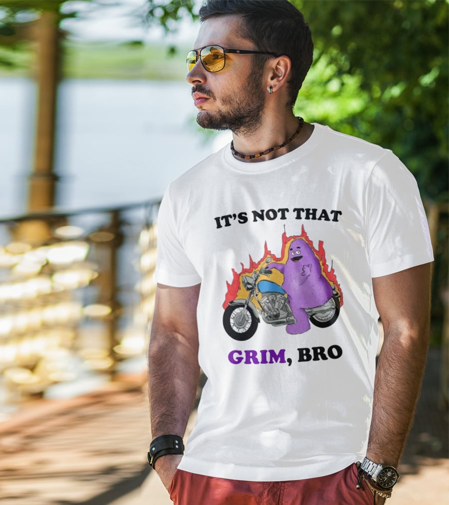 It's Not That Grim Bro Purple Character Riding Motorcycle With Flames T-Shirt