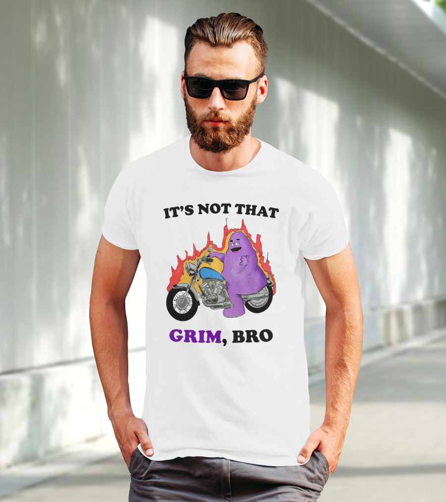 It's Not That Grim Bro Purple Character Riding Motorcycle With Flames T-Shirt