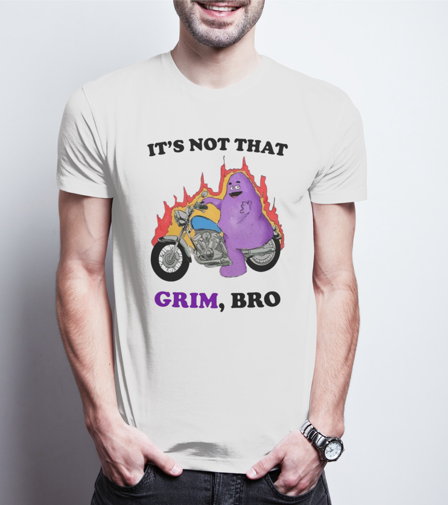It's Not That Grim Bro Purple Character Riding Motorcycle With Flames T-Shirt
