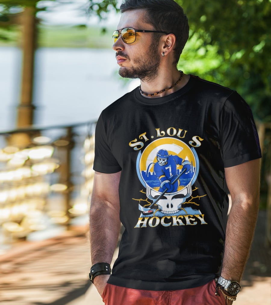 St Louis Hockey Grateful Dead Inspired Skeleton Playing Hockey T-Shirt
