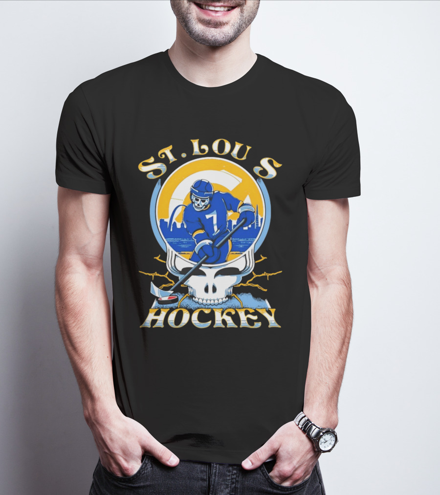 St Louis Hockey Grateful Dead Inspired Skeleton Playing Hockey T-Shirt