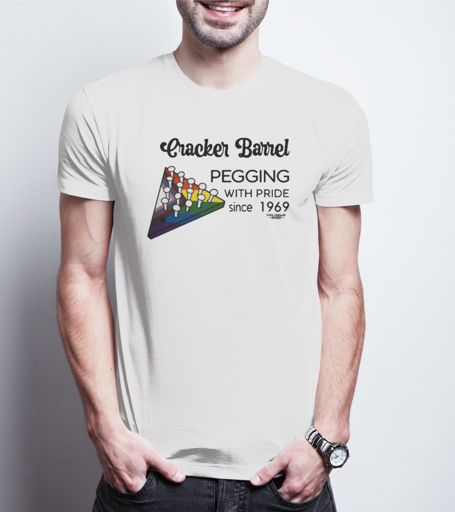 Cracker Barrel Pegging With Pride Since 1969 Rainbow Triangle Peg Board T-Shirt