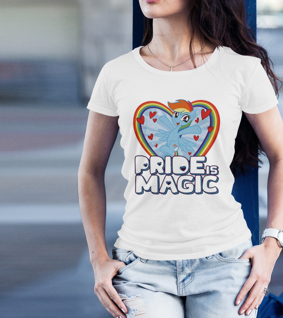 Pride Is Magic Rainbow Heart Flying Pony With Stars And Hearts T-Shirt