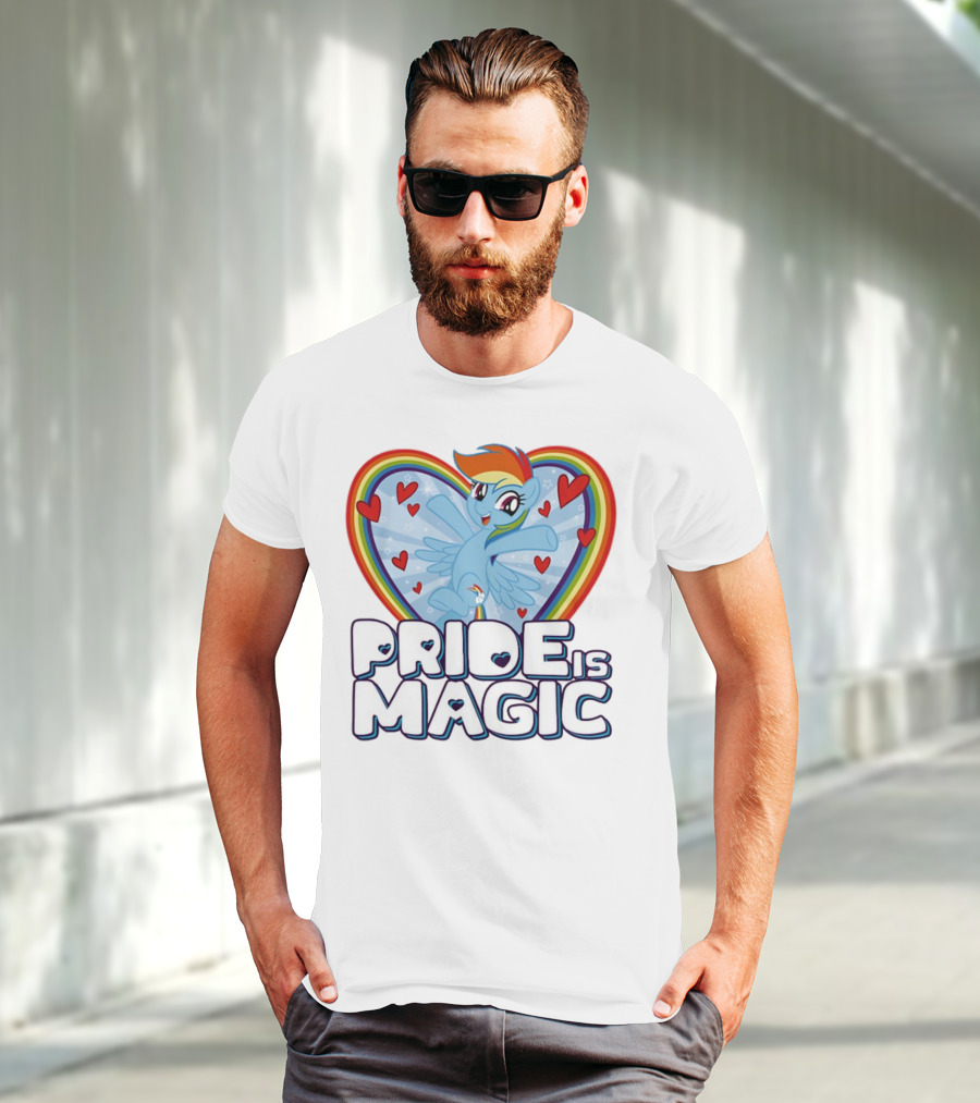 Pride Is Magic Rainbow Heart Flying Pony With Stars And Hearts T-Shirt