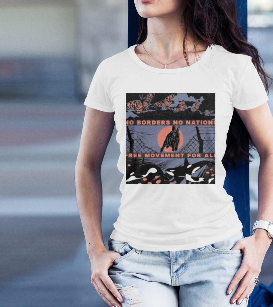 No Borders No Nations Free Movement For All Butterflies Rabbit Orcas Fence Orange Background T-Shirt